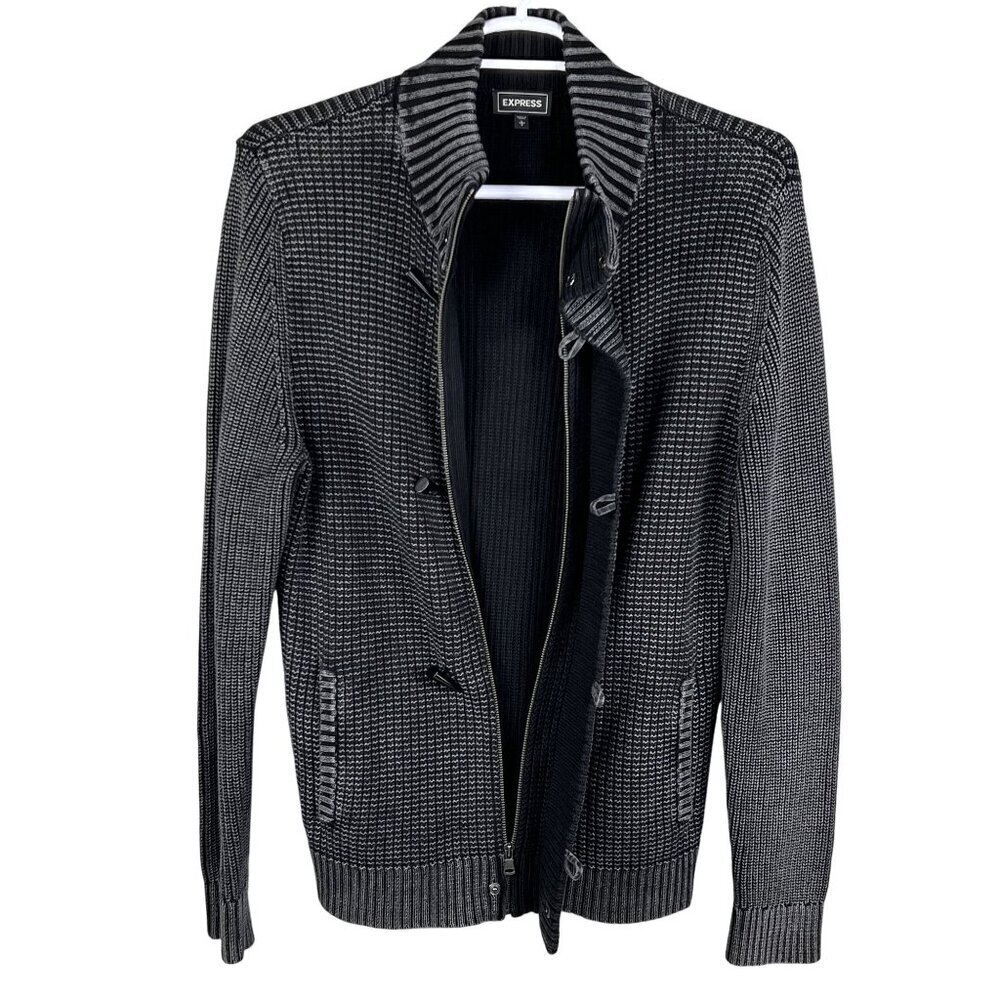Vintage Express Mens L Black Gray Ribbed Knit Jacket Heavyweight Sweater Preppy